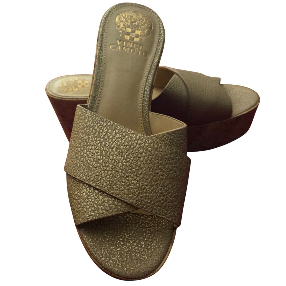 Vince Camuto Kessina Metallic Gold Leather Cork Platform Wedge Sandals 7.5M